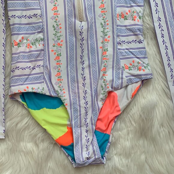 MAAJI Floral Ivy Abstract Reversible Long Sleeve One Piece Swimsuit Sz LARGE - Picture 3 of 9